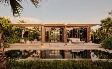 Estuary Casita with open pavilion, reflecting pool, and tropical gardens at Amanvari resort, Mexico.