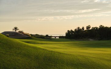 Costa Palmas Golf Club fairway at Amanvari, Mexico, with manicured green landscape and distant treeline.