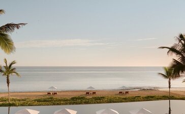 Amanvari's main pool overlooking the ocean at dawn, with palm trees and loungers on either side.
