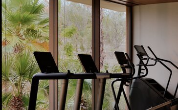 Gym equipment including a treadmill and exercise bike positioned beside floor-to-ceiling windows overlooking tropical gardens at Amanvari.
