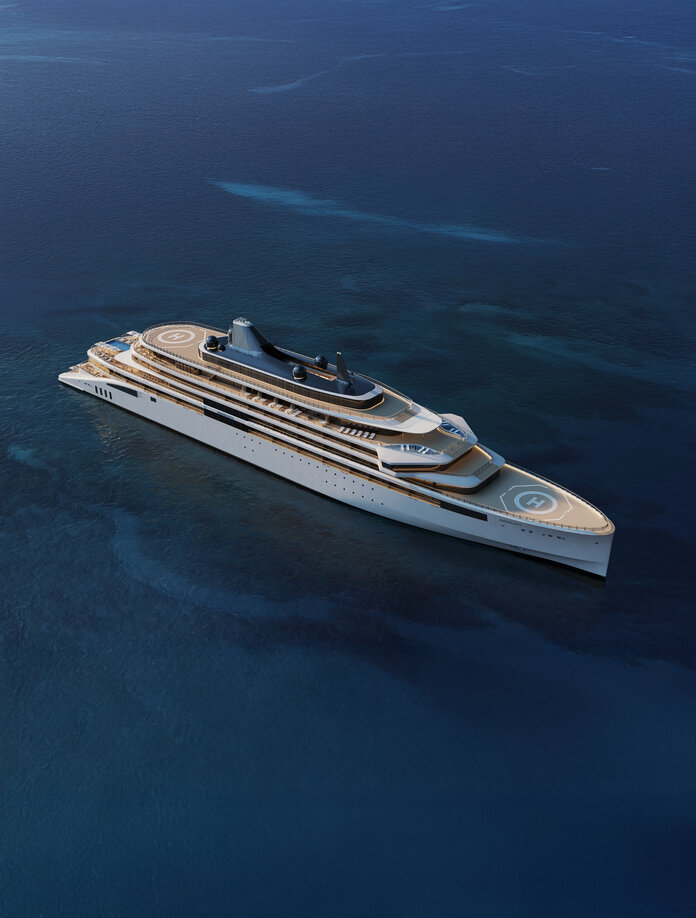 Aerial view of a large cruise ship on calm, deep blue ocean waters at Aman.