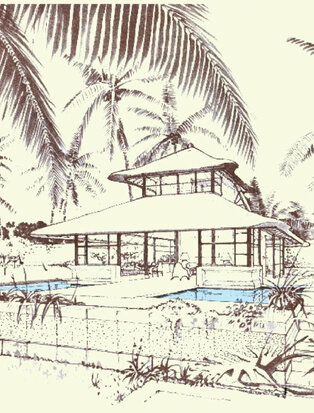 アマンダリ リゾートの歴史的建築スケッチ、ヤシの木に囲まれた伝統的な建物を描画