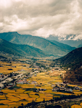 Mountain valley in Thimphu with golden rice fields and scattered settlements beneath clouded peaks.