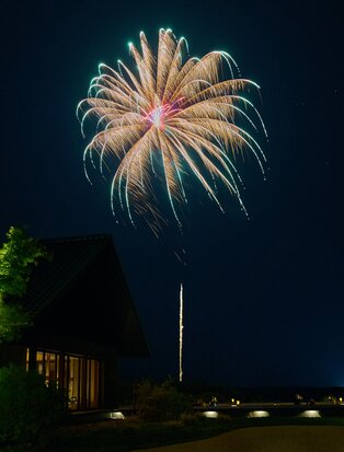 Fireworks burst above Amanemu at night, illuminating the dark sky with golden and pink sparks.