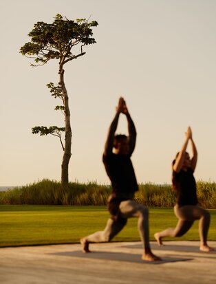 Two people practising yoga outdoors at Amanera, Dominican Republic, with a solitary tree in the background.