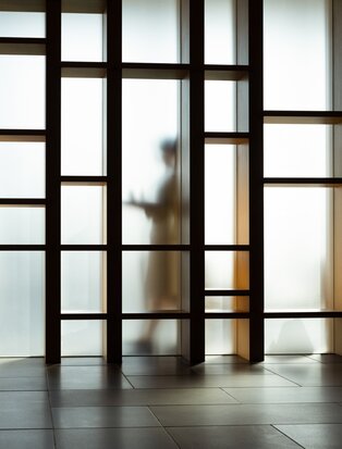 Figure in spa corridor, Aman Tokyo, viewed through geometric screen dividers.