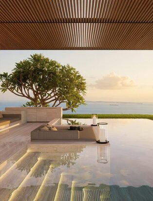 Sky Villa pool overlooking Singapore's skyline at sunset, with tree and loungers.