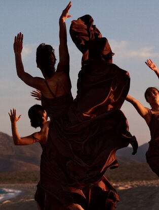 Silhouetted figures with raised arms celebrating at Amanvari at sunset.