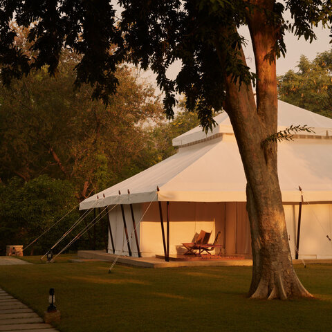 Spa exterior at Aman-i-Khas at dusk, with warm light glowing from within the tent structure, framed by a large tree.