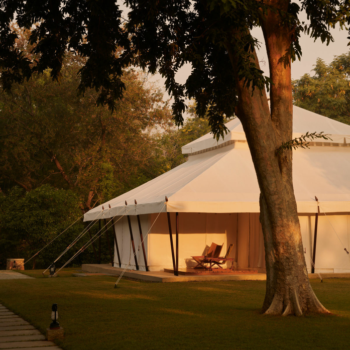Spa exterior at Aman-i-Khas at dusk, with warm light glowing from within the tent structure, framed by a large tree.