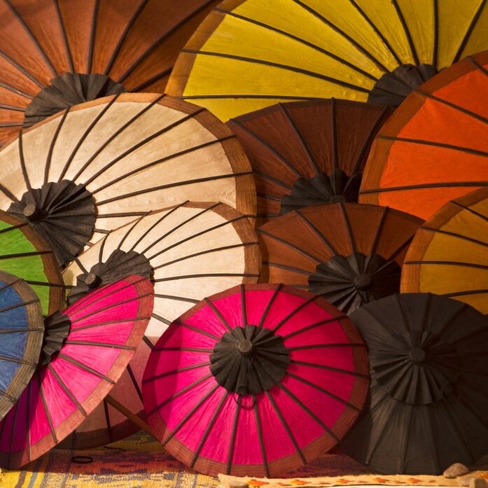 Colourful paper parasols at Luang Prabang night market near Amantaka.