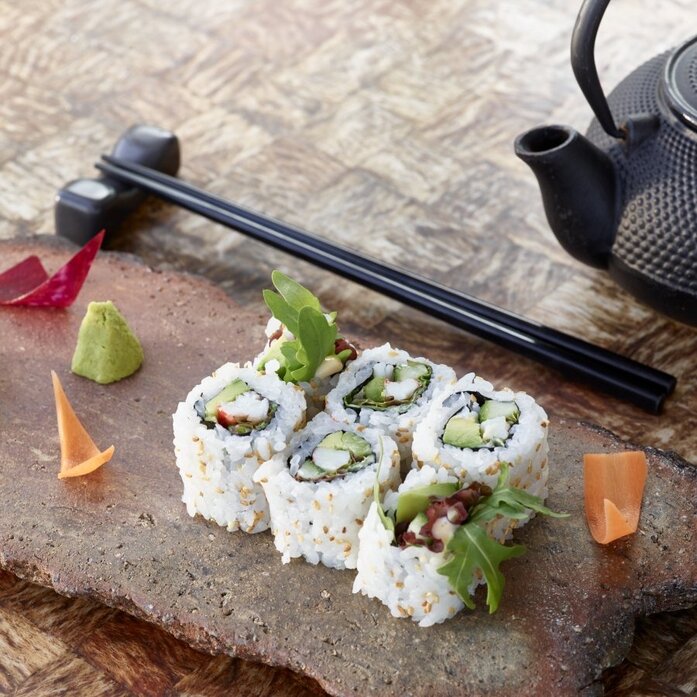 Crayfish and avocado roll served at Akari dining venue, Amanzoe resort in Greece.