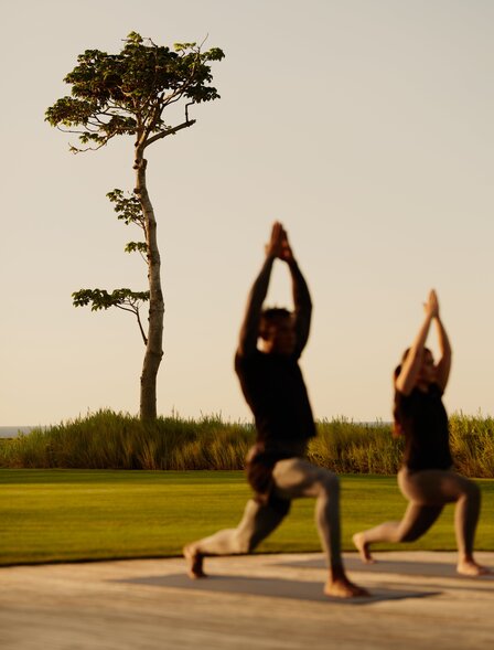 Two people practicing yoga outdoors at Amanera, Dominican Republic, with a solitary tree in the background.