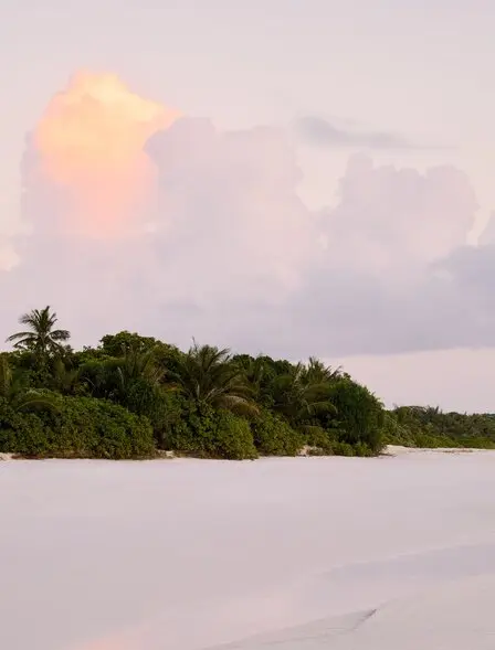 Amanpulo's island shoreline at dawn, with tropical vegetation and calm waters beneath a soft sky.