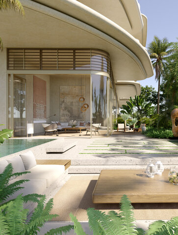 Corner terrace at Aman Residences, Beverly Hills, with curved architecture and lush landscaping.