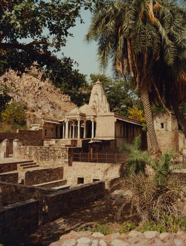 Amanbagh's stone pavilion surrounded by palm trees and warm, natural light filtering through foliage.