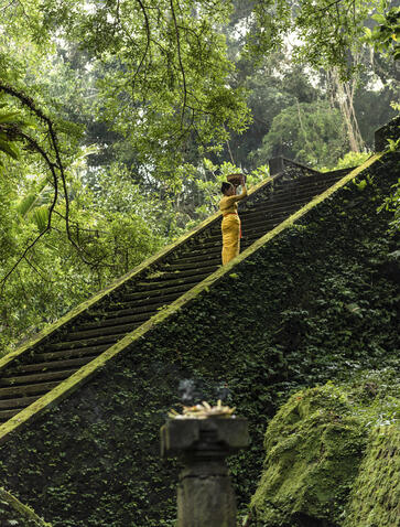 Stone temple stairs rise through lush green forest at Amandari, Bali.