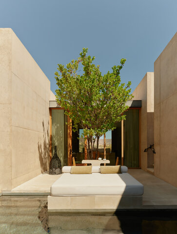 Desert pool suite courtyard at Amangiri, with plunge pool, green tree, and cream-coloured architecture.
