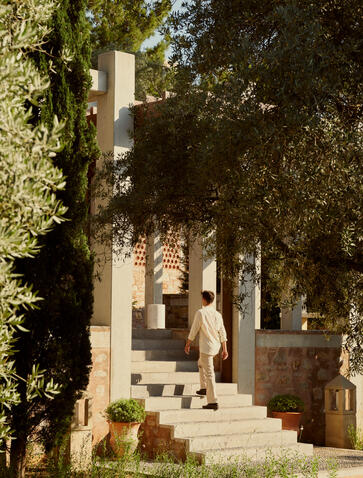 Stone entrance to Amanruya's main villa with ivy-covered columns and steps, nestled amongst Mediterranean vegetation.