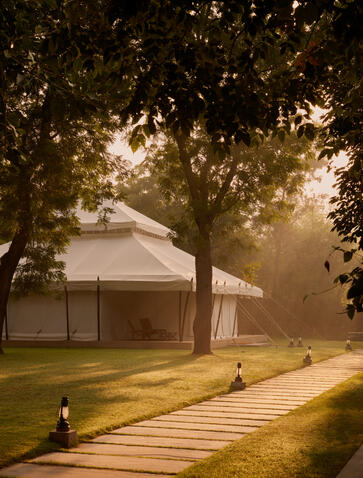 Wooden pathway leading to a pavilion beneath canopy trees at Aman-i-Khas at dusk.