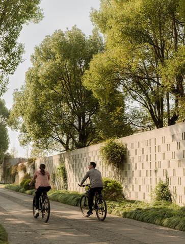 养云安缦度假村沿树木成荫的路径，客人骑行自行车经过米色石墙。