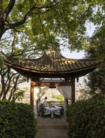Curved wooden pavilion framed by green foliage at Amandayan.