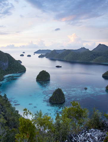 Turquoise waters and limestone islands dotting Raja Ampat's seascape at Amandira.