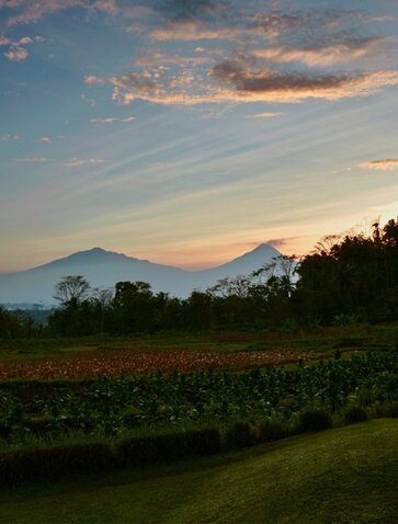 Amanjiwo's Joglo Sawah venue at sunset, with Mount Merapi rising beyond rice fields and tropical forest.