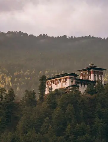 Amankora's architecture perched on a forested hillside in Bumthang valley, Bhutan.
