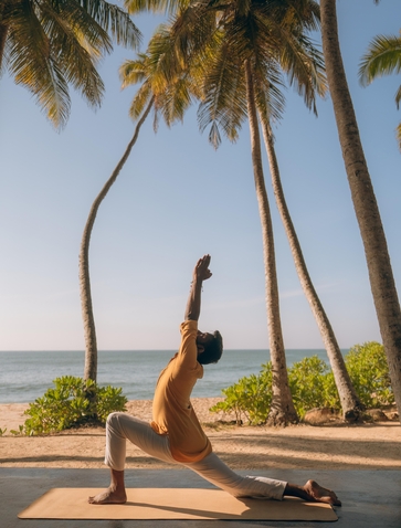 Woman practising yoga on the beach at Amanwella, Sri Lanka, with palm trees and ocean beyond.