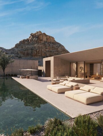 Amangiri resort pool with desert rock formation and pavilion at dusk, Utah, USA.