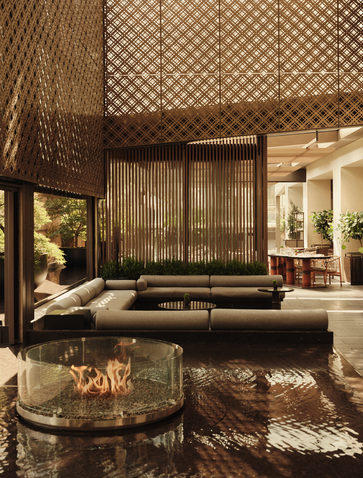 Spa treatment room at Aman New York with soaking tub, geometric screens, and warm lighting.
