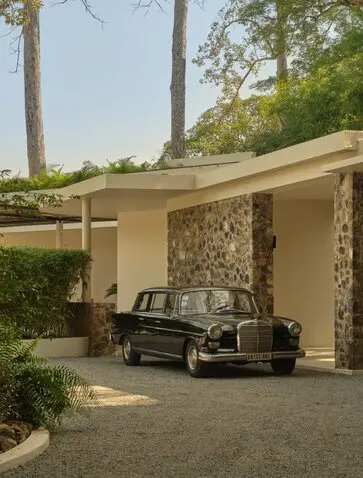 Mercedes-Benz parked beneath the reception pavilion at Amansara, Cambodia.