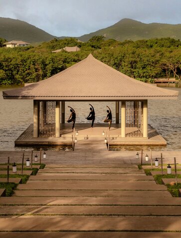 Yoga pavilion at Amanoi overlooking Vietnamese mountains and gardens.