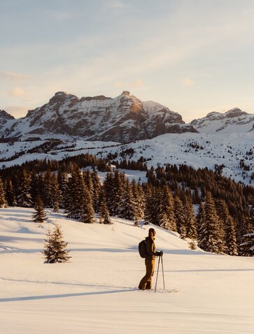 Skier standing in snowy alpine valley with forested slopes and snow-capped peaks at Aman Rosa Alpina, Italy.