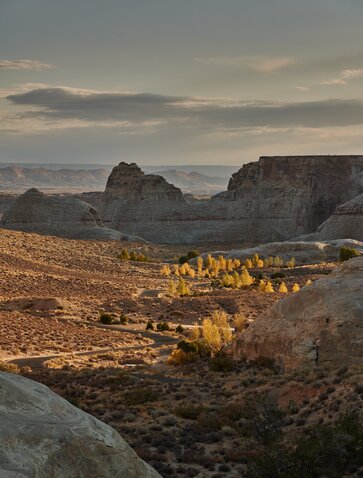 Amangiri nestled in the Utah desert at dusk, golden light illuminating sparse vegetation beneath dramatic rock formations.