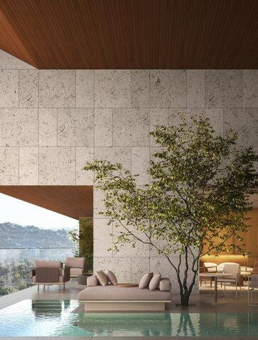 Aman Residences, Beverly Hills: open-air terrace with tree, private pool and city views.