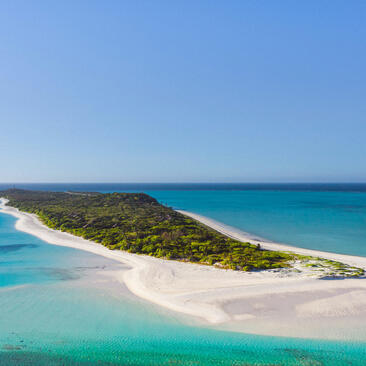 Aerial view of Amanpulo's island with white sand beach, turquoise waters and forested interior.
