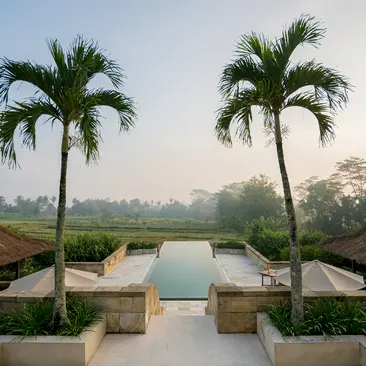 Symmetrical view down a stone pathway with twin palm trees flanking a reflection pool at Amanjiwo, misty landscape beyond.