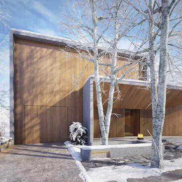 Single villa at Aman Niseko with minimalist wooden facade and birch trees in courtyard setting.
