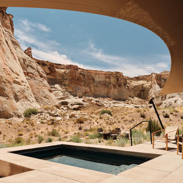 One-bedroom canyon pavilion with plunge pool at Amangiri, Utah, framed by desert rock formations.