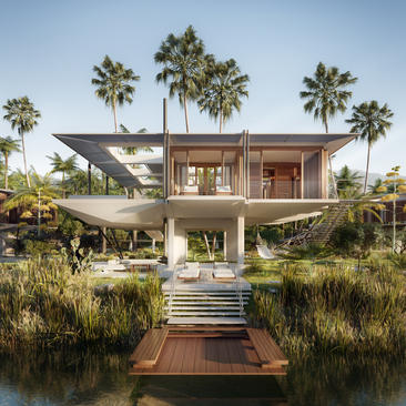 Amanvari Mexico residence with wooden boardwalk leading to a two-storey pavilion surrounded by tropical vegetation and waterway.