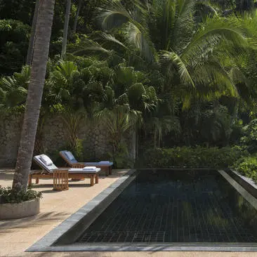 Two sunloungers beside a dark-tiled pool overlooking tropical palms at Amanpuri.