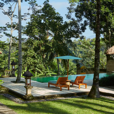 Amandari suite with wooden loungers beside an emerald plunge pool, surrounded by tall trees and manicured gardens.