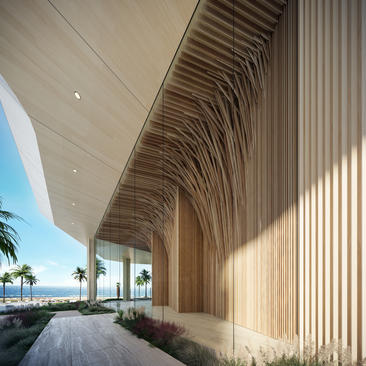 Covered wooden walkway with vertical slat detailing overlooking Miami Beach, flooded with natural light.