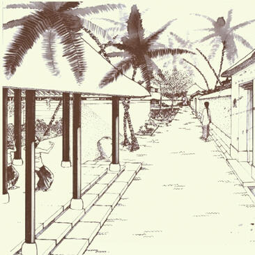 Amandari architectural sketch showing a pavilion with palm trees and tropical landscape in Indonesia.