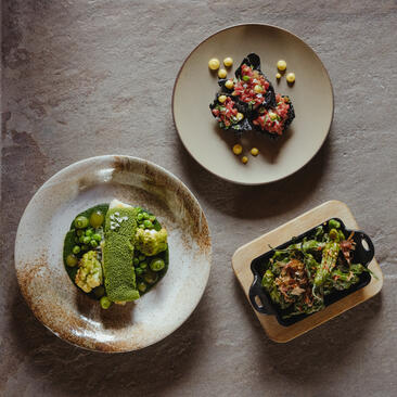 Three artfully plated dishes at Amangani's dining venue, featuring seasonal vegetables and refined preparations on natural stone.