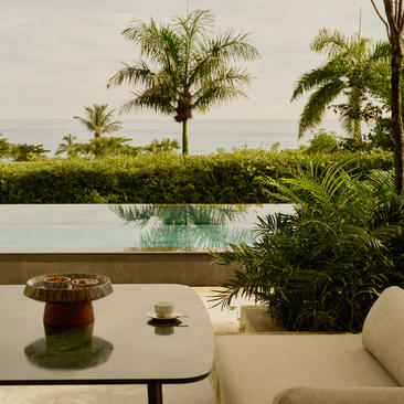 Casita avec piscine à débordement et vue sur la végétation luxuriante à Amanera.