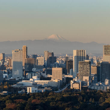 Tokyo skyline at dusk with Mount Fuji rising beyond the city, as seen from Amanemu.