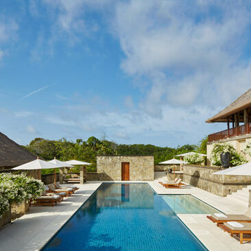 Villa pool overlooking tropical gardens at Amanpuri resort, Nusa Dua, Indonesia.